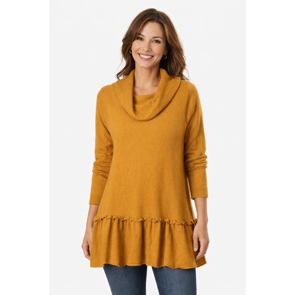 Umgee Size S Sweater Mock Neck Mustard Yellow Ruffle Hem Peplum Knit Women's